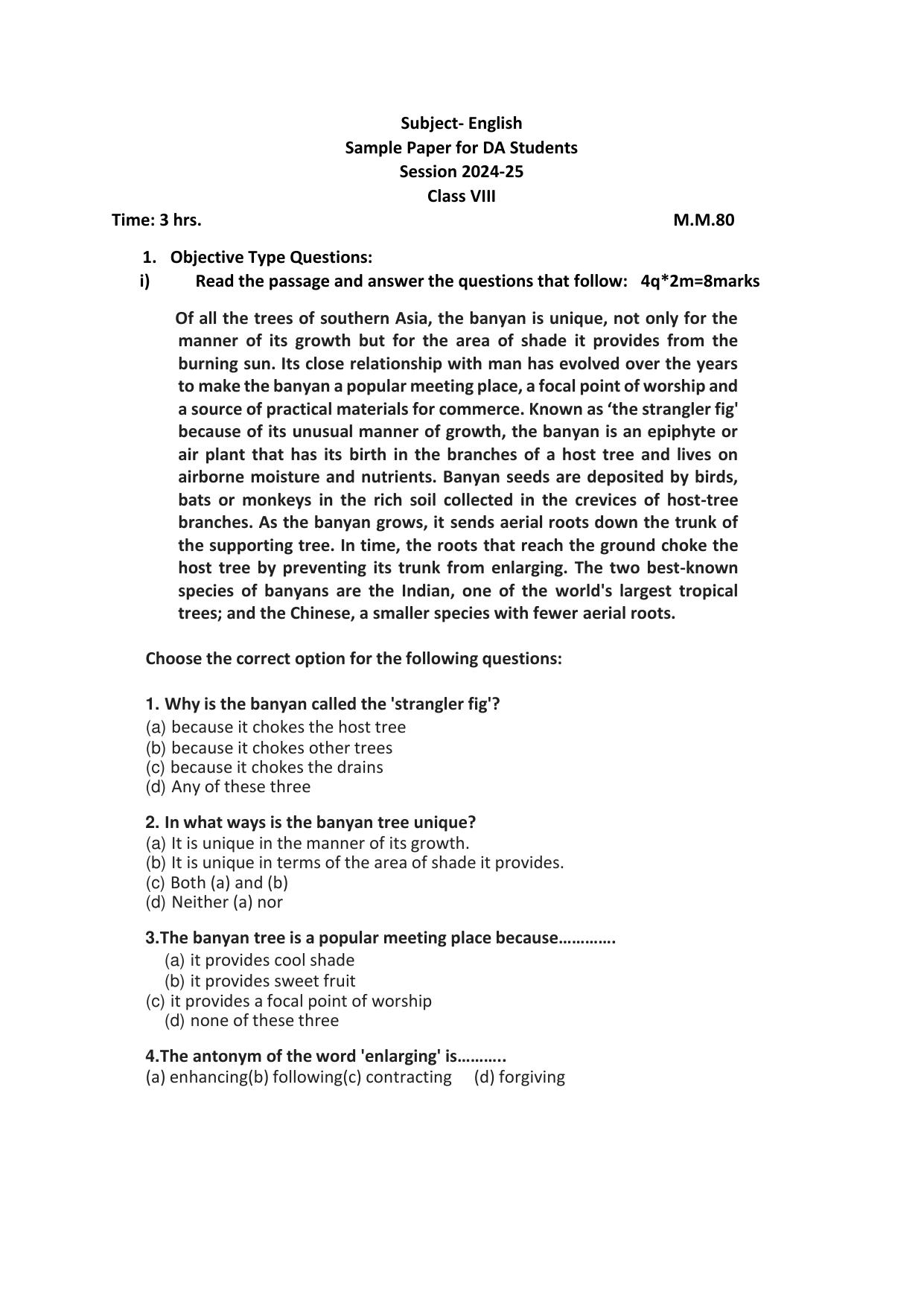PSEB Class 8th English (DA Students) Model Paper 2025 - Page 1