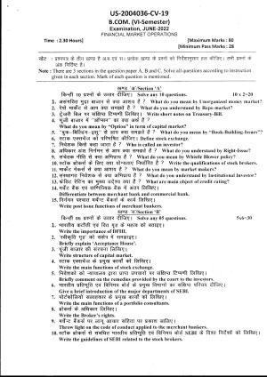 Bilaspur University Question Paper June 2022:B.Com. Semester-VI Financial Market Operation Paper 1 
