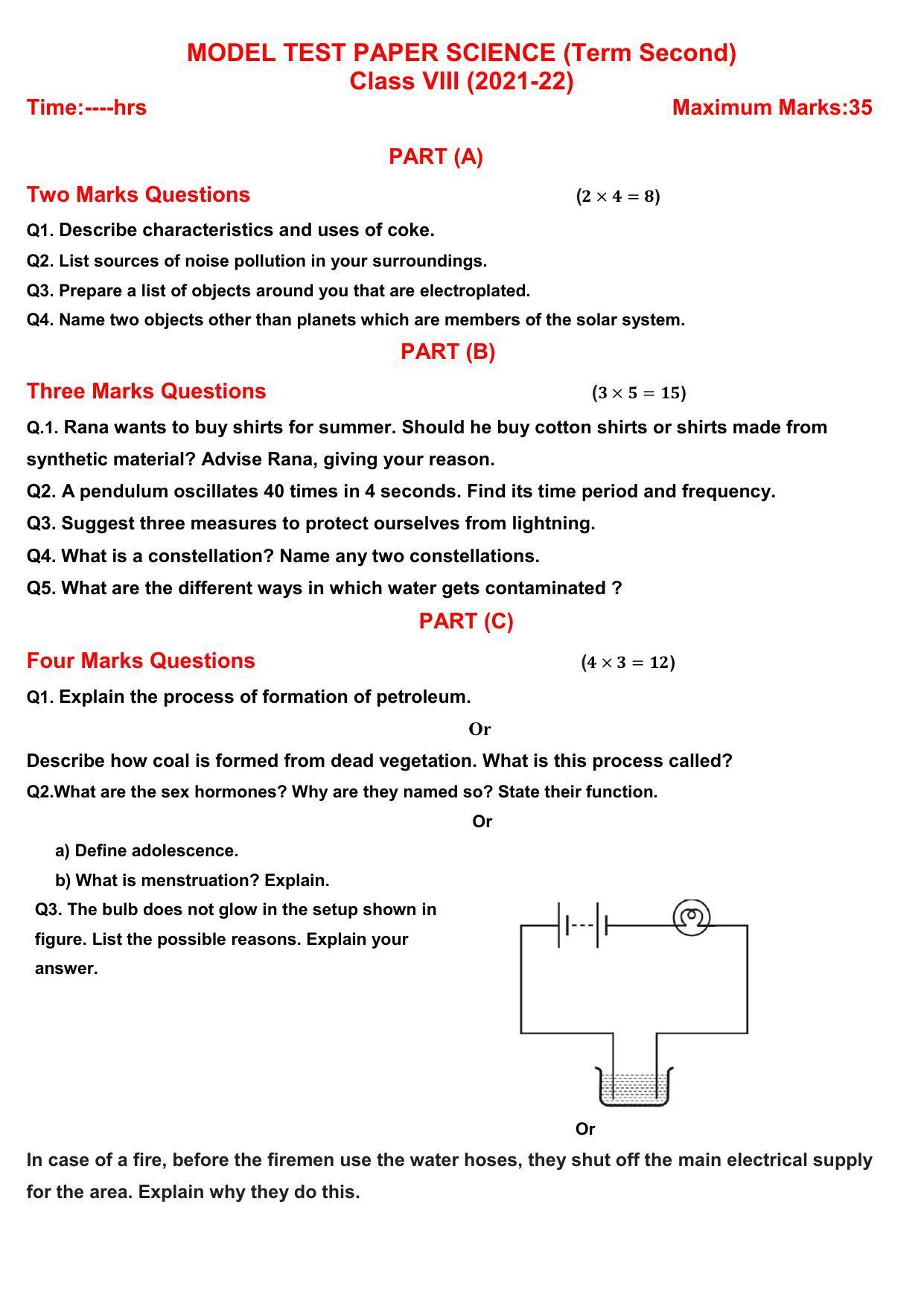 PSEB Class 8th (Term 2) Science Model Paper 2021-22 - Page 1