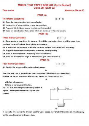 PSEB Class 8th (Term 2) Science Model Paper 2021-22