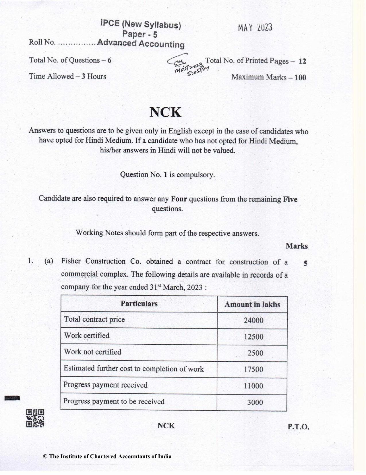 CA Inter May 2023 Question Paper - Paper 5 – Advanced Accounting - Page 1