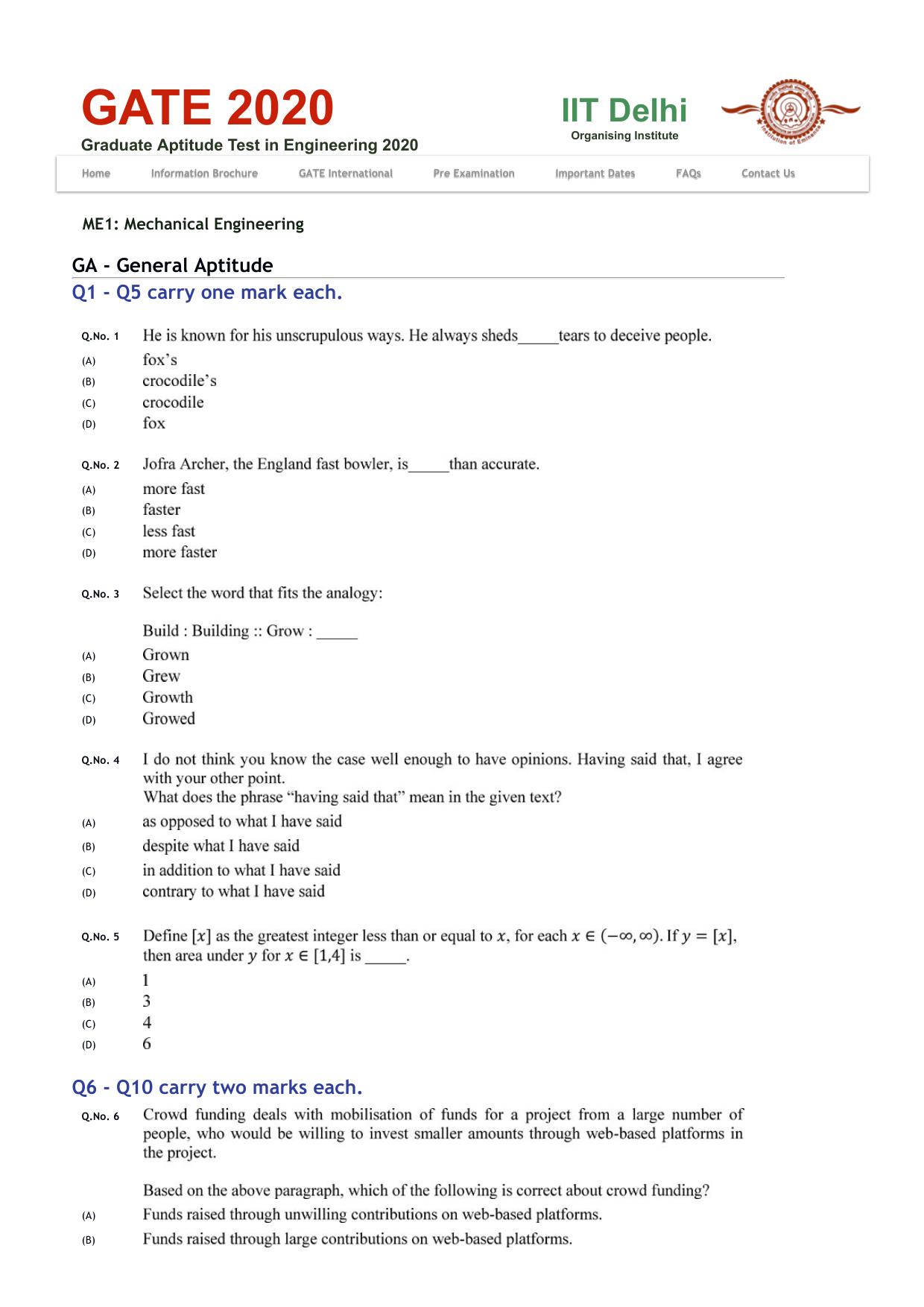 GATE 2020 Mechanical Engineering (ME) Question Paper - Page 2