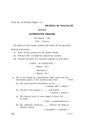 Meghalaya Board (MBOSE) Class 12 ALTERNATIVE ENGLISH (HS_XII_A.Sc.Com_Ae_22) 2022 Question Paper