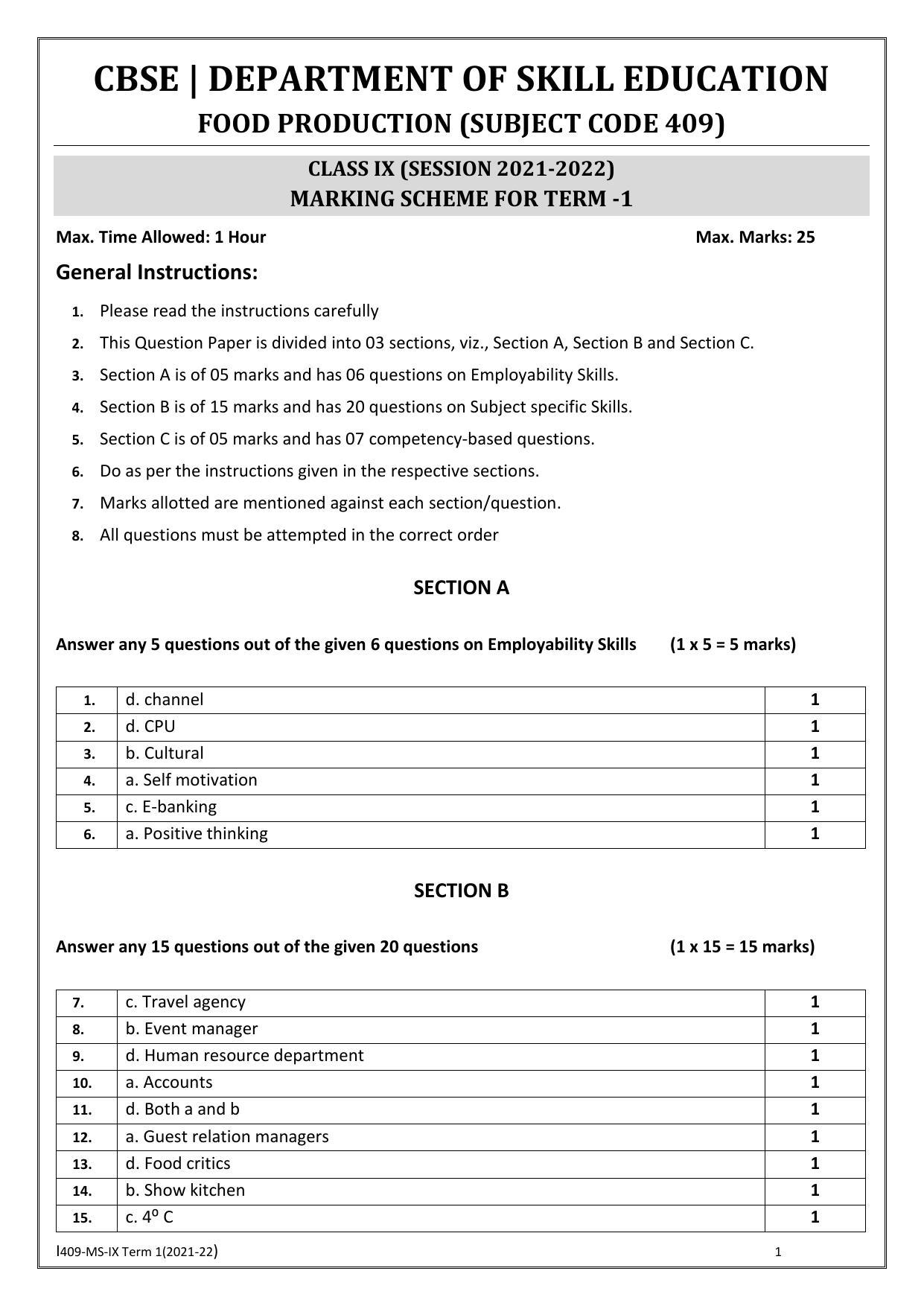 CBSE Class 10 Skill Education (Term I) - Food Production Marking Scheme 2021-22 - Page 1
