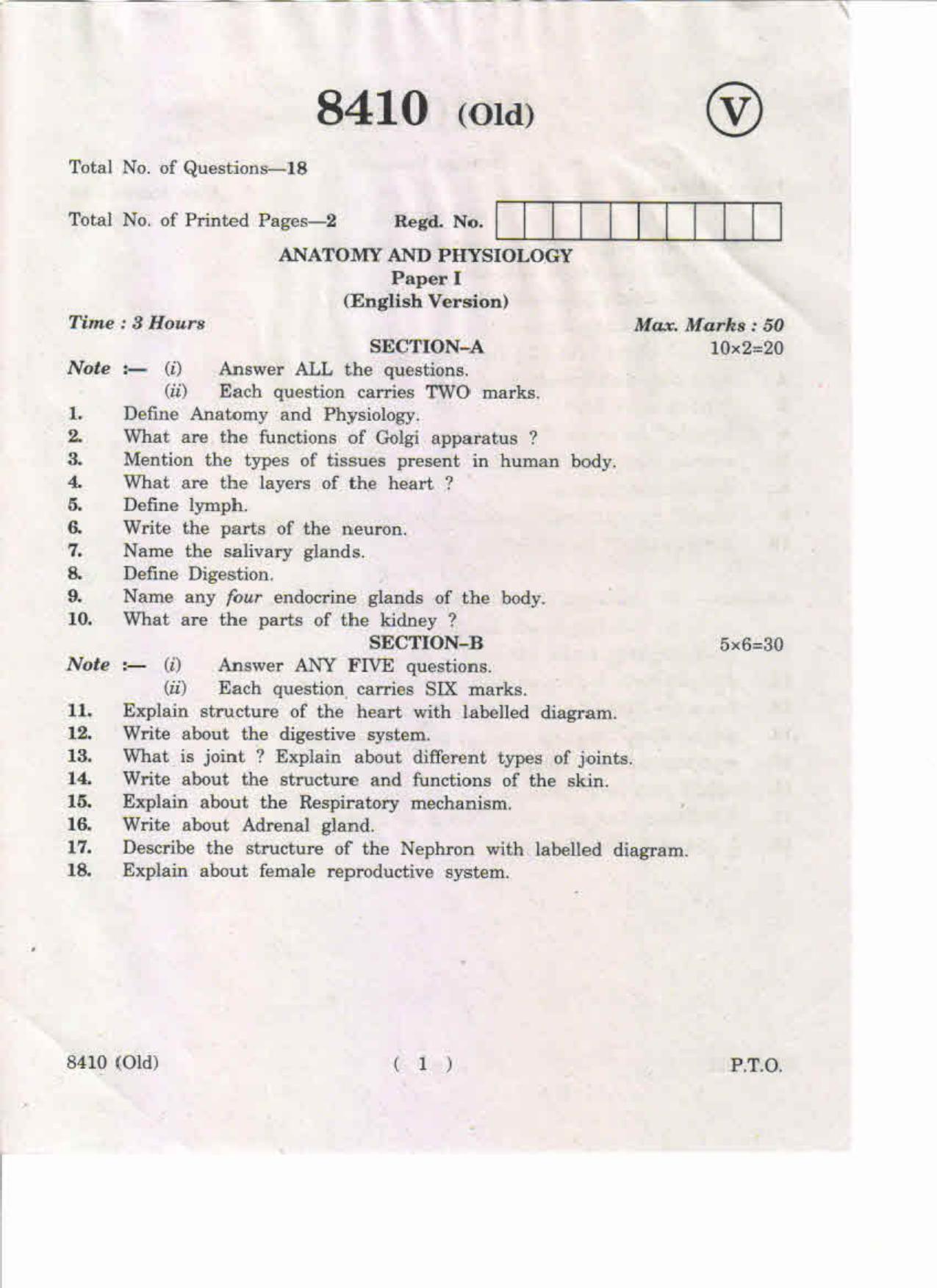 AP Inter 1st Year Anatomy and Physiology-I (Old)2 May-2019-Vocational Question Paper - Page 1