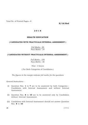 Meghalaya Board (MBOSE) Class 10 HEALTH EDUCATION 2018 Question Paper