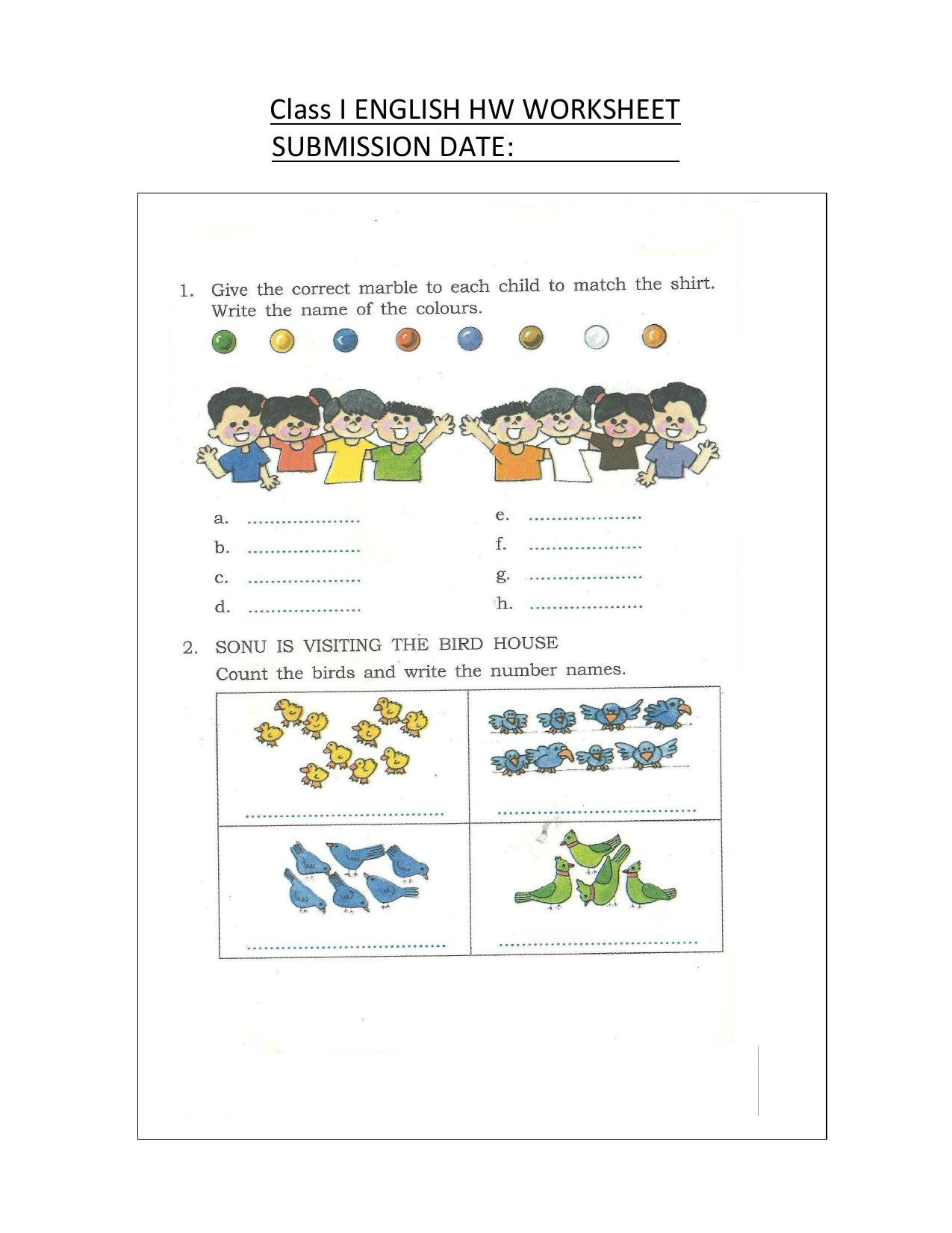 Worksheet for Class 1 English Assignment 46 - Page 1