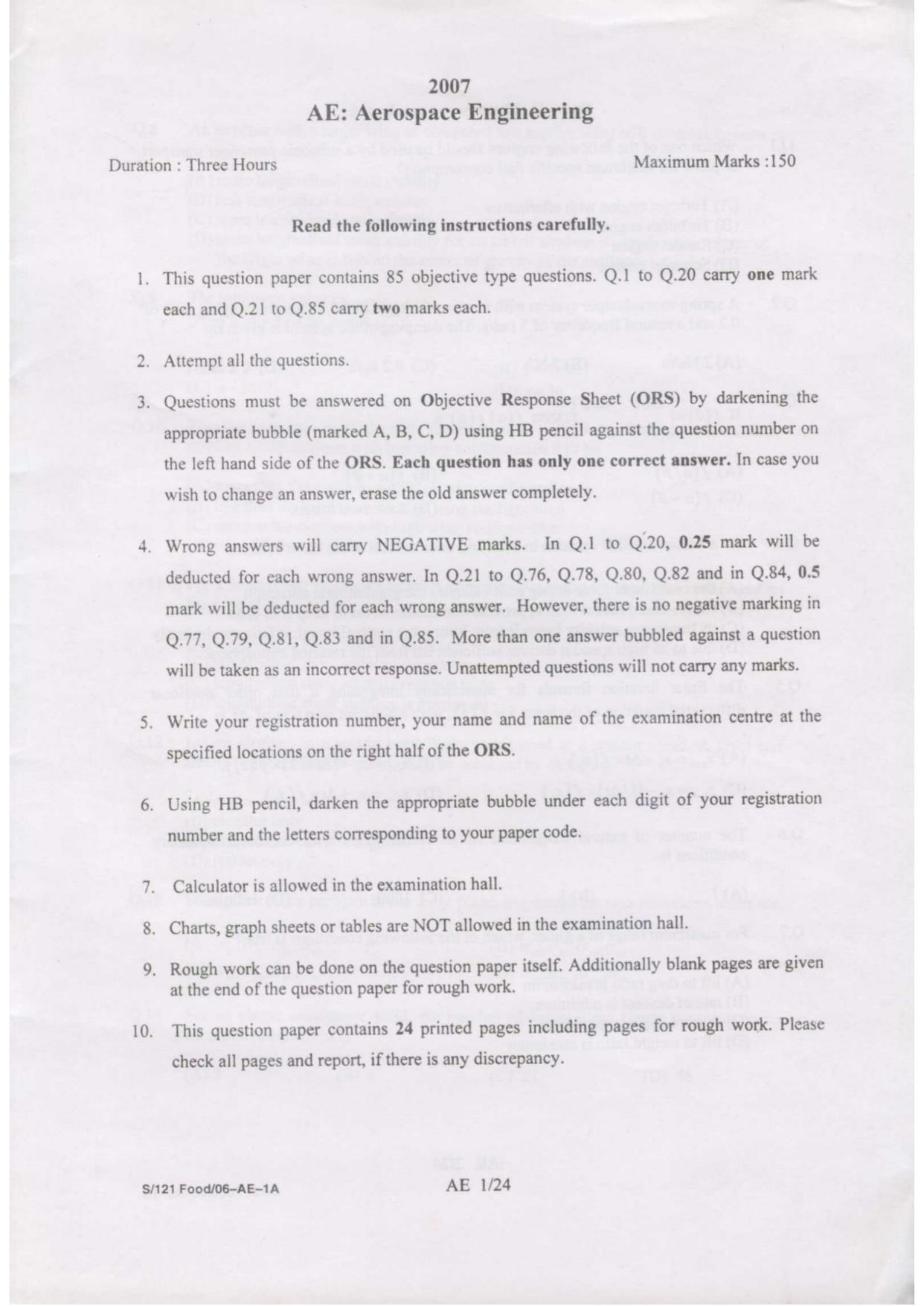 GATE 2007 Aerospace Engineering (AE) Question Paper with Answer Key - Page 1