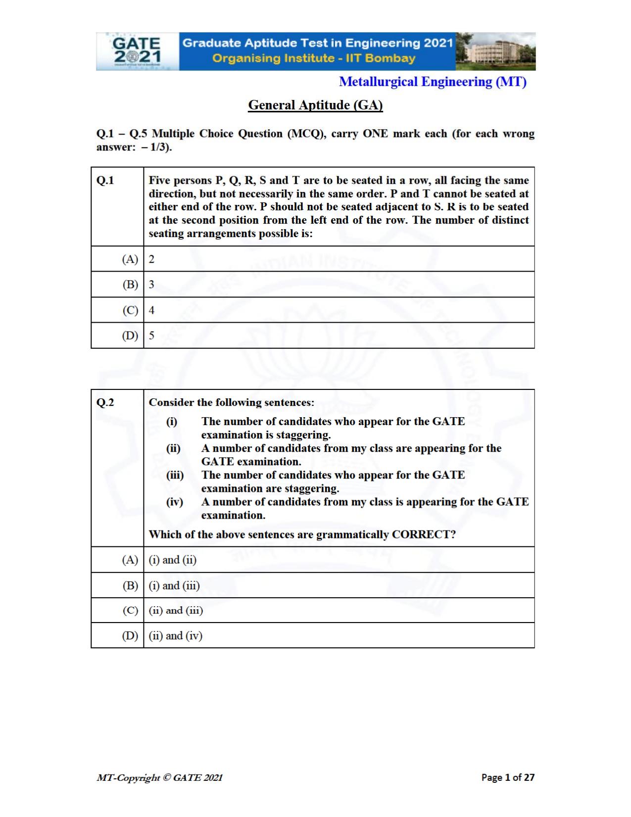 GATE 2021 Metallurgical Engineering (MT) Question Paper - Page 1