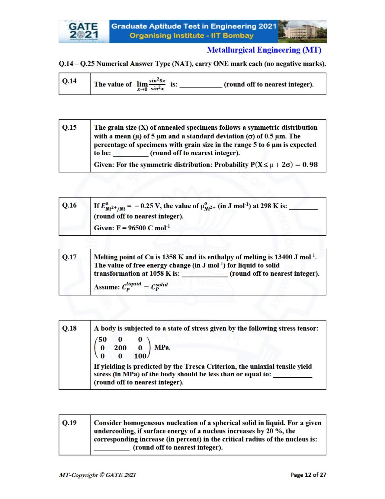 GATE 2021 Metallurgical Engineering (MT) Question Paper - Page 12