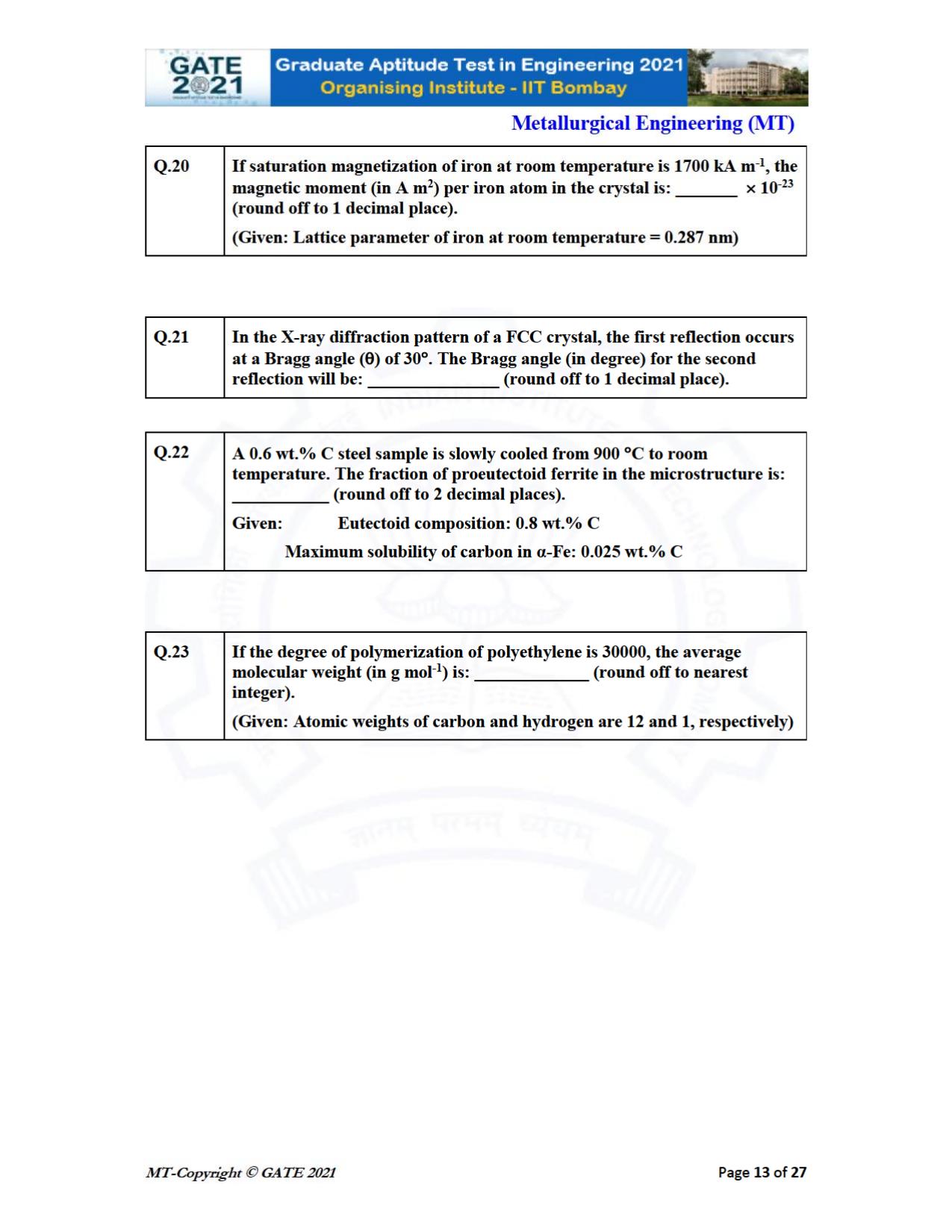 GATE 2021 Metallurgical Engineering (MT) Question Paper - Page 13