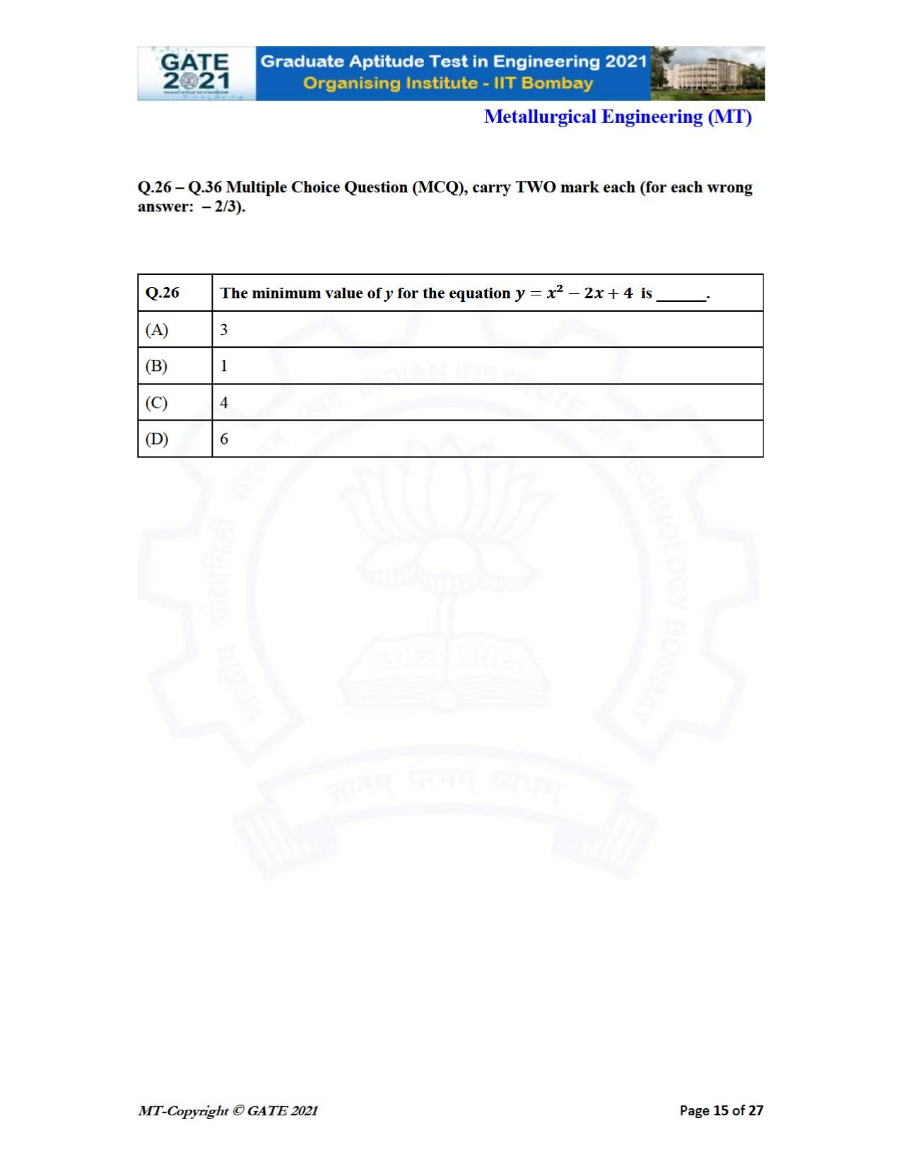 GATE 2021 Metallurgical Engineering (MT) Question Paper - Page 15