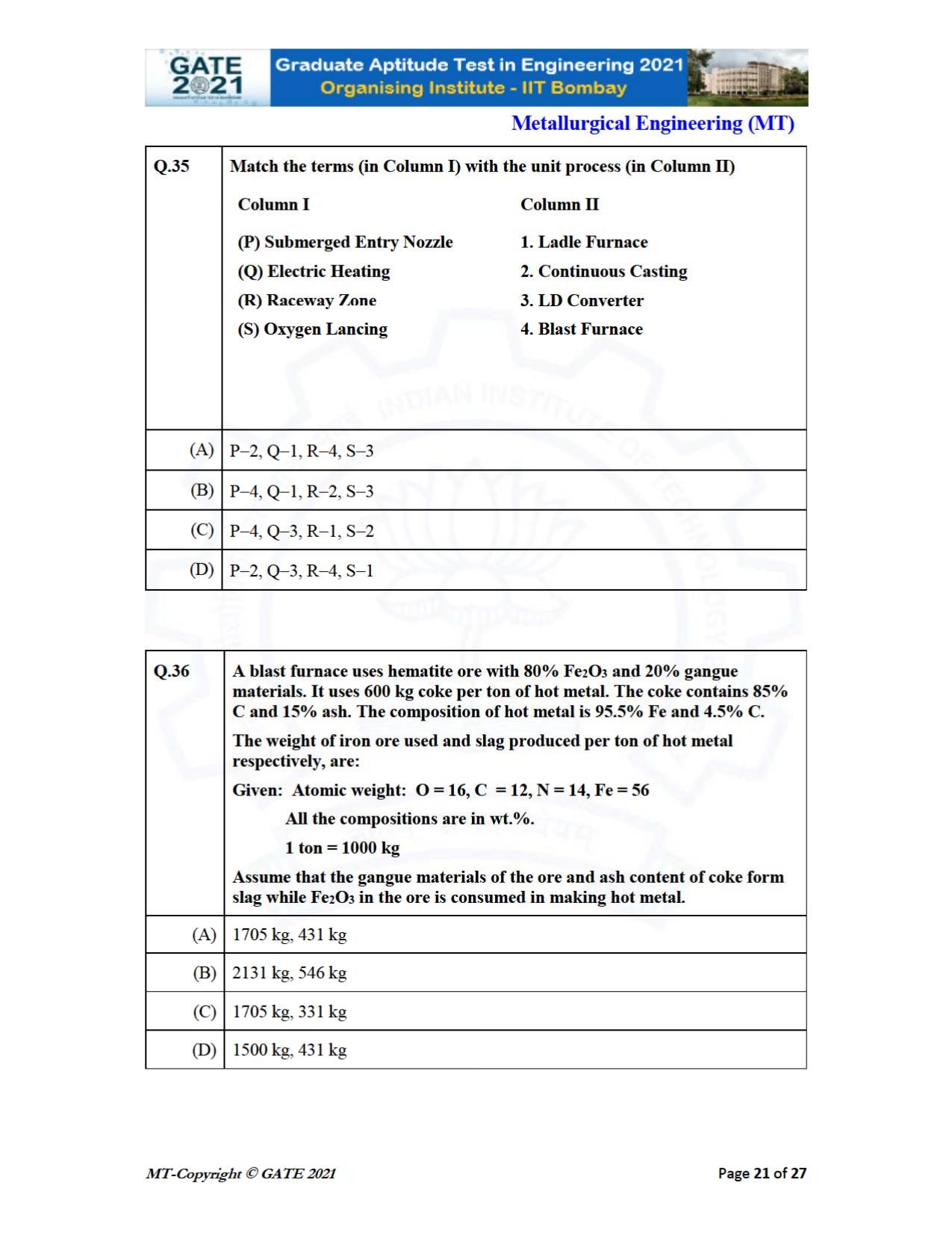 GATE 2021 Metallurgical Engineering (MT) Question Paper - Page 21