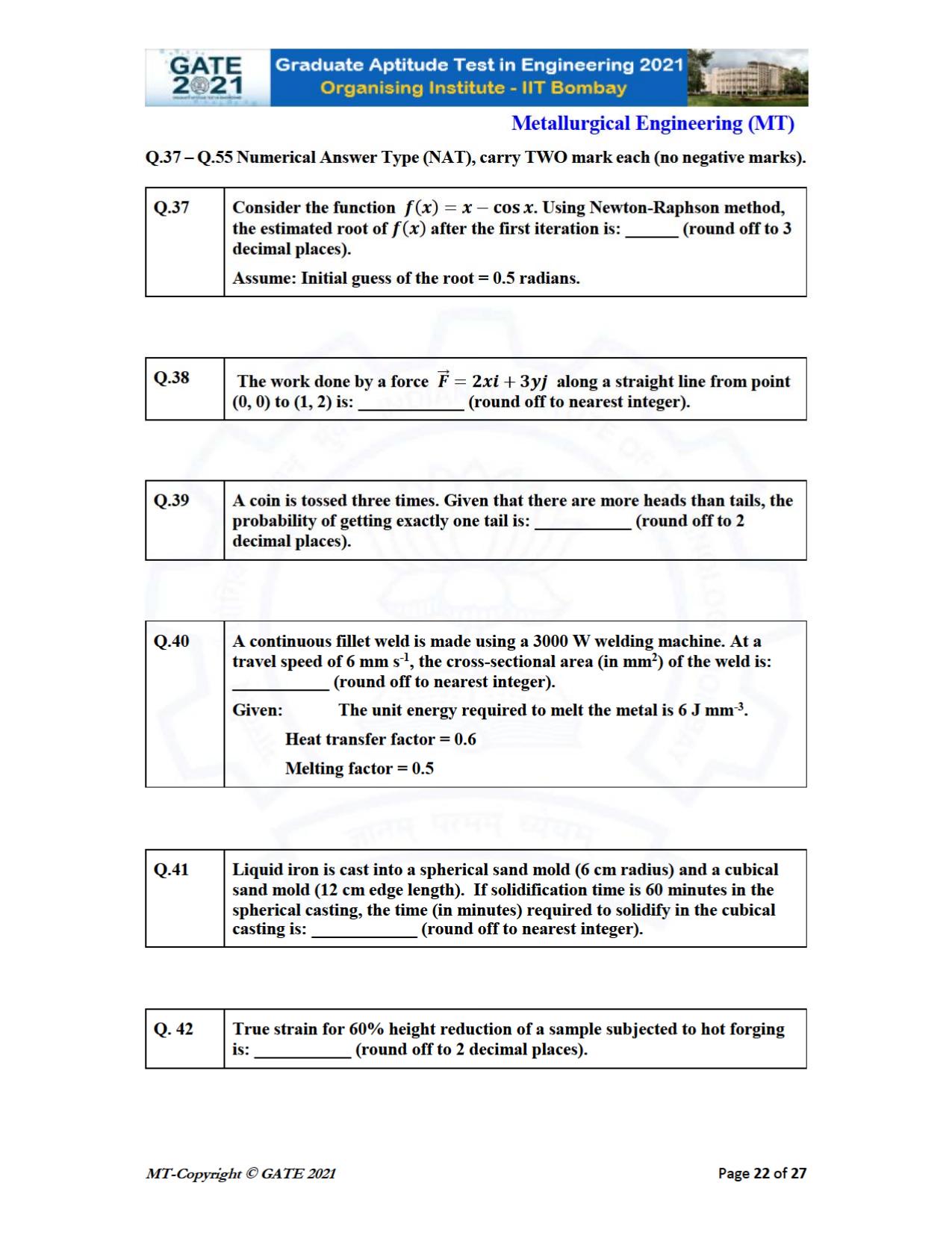 GATE 2021 Metallurgical Engineering (MT) Question Paper - Page 22