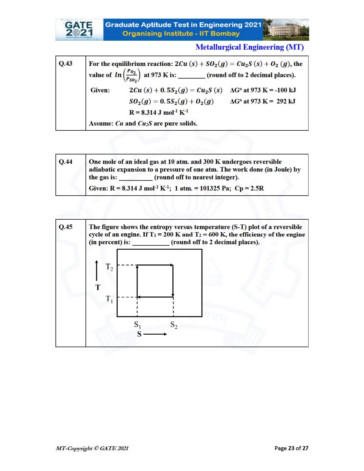 GATE 2021 Metallurgical Engineering (MT) Question Paper - Page 23