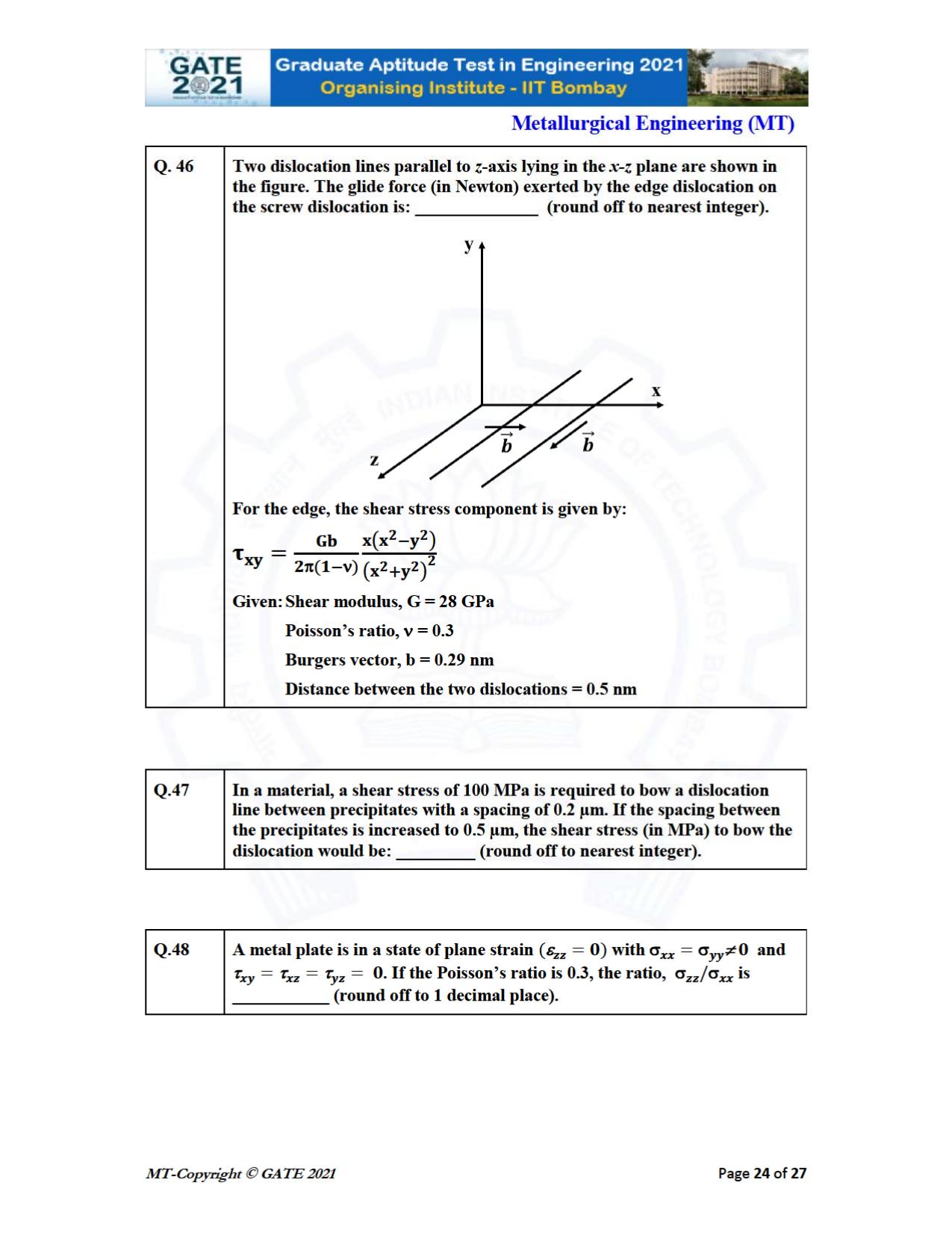 GATE 2021 Metallurgical Engineering (MT) Question Paper - Page 24