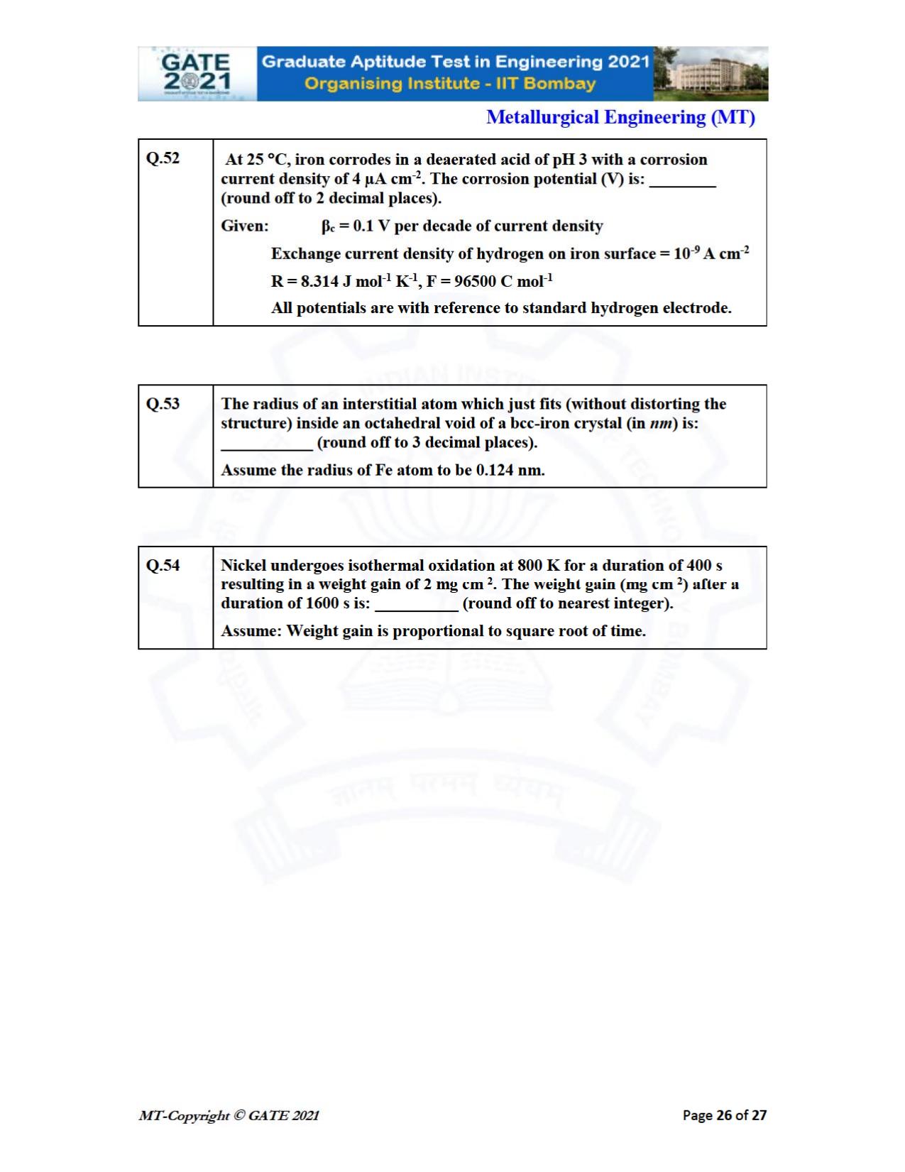 GATE 2021 Metallurgical Engineering (MT) Question Paper - Page 26