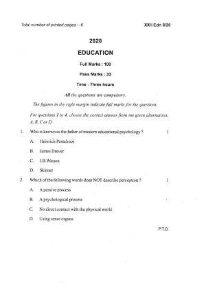 COHSEM Class 12 Education Question Papers 2020