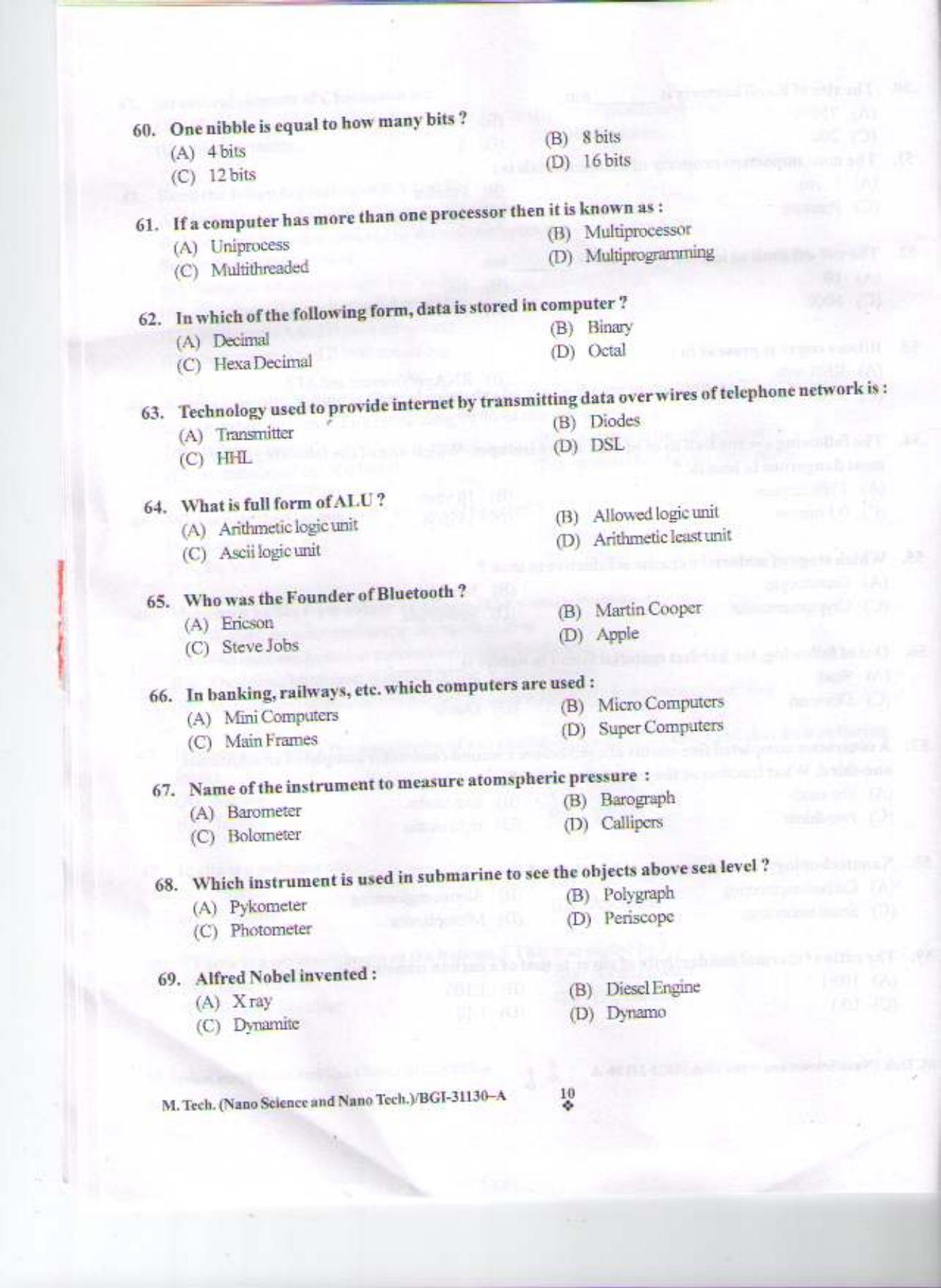 PU CET PG 2015: M.Tech (NanoSc. & NanoTech) Question Paper - Page 9