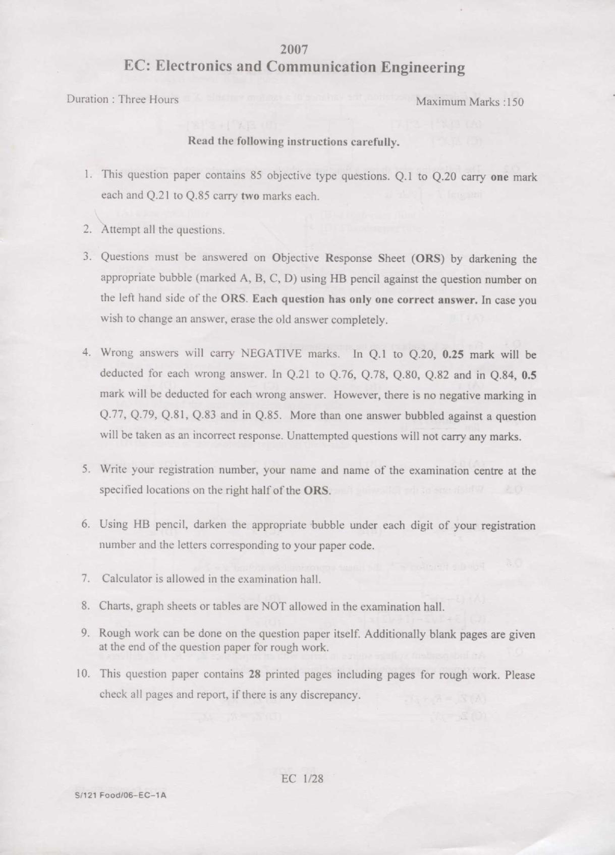 GATE 2007 Electronics and Communication Engineering (EC) Question Paper with Answer Key - Page 1
