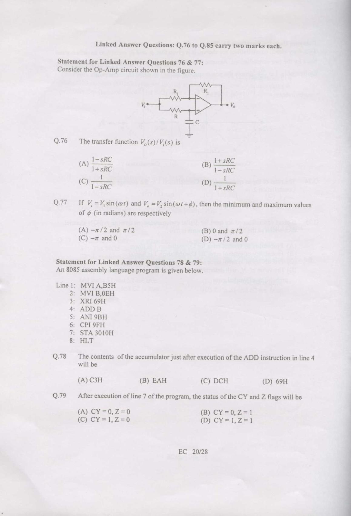 GATE 2007 Electronics and Communication Engineering (EC) Question Paper with Answer Key - Page 20