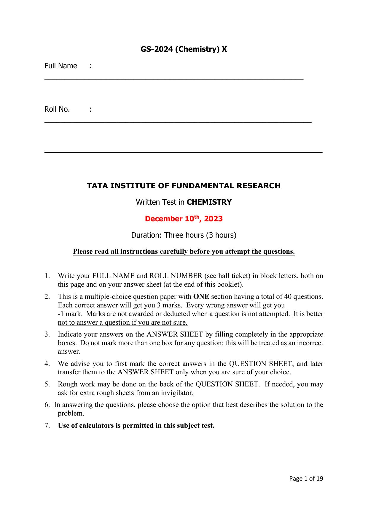 TIFR GS 2024 Chemistry Question Paper - Page 1