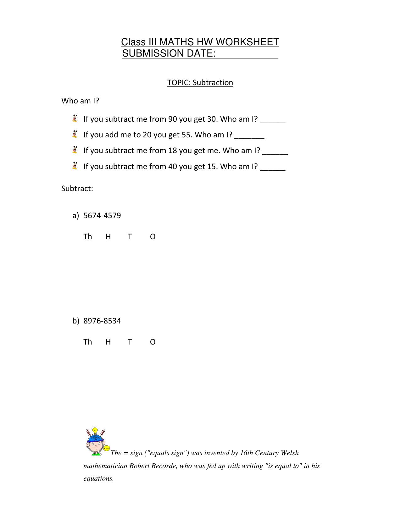 Worksheet for Class 3 Mathematics Subtraction Assignment III - Page 1