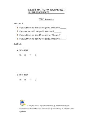 Worksheet for Class 3 Mathematics Subtraction Assignment III