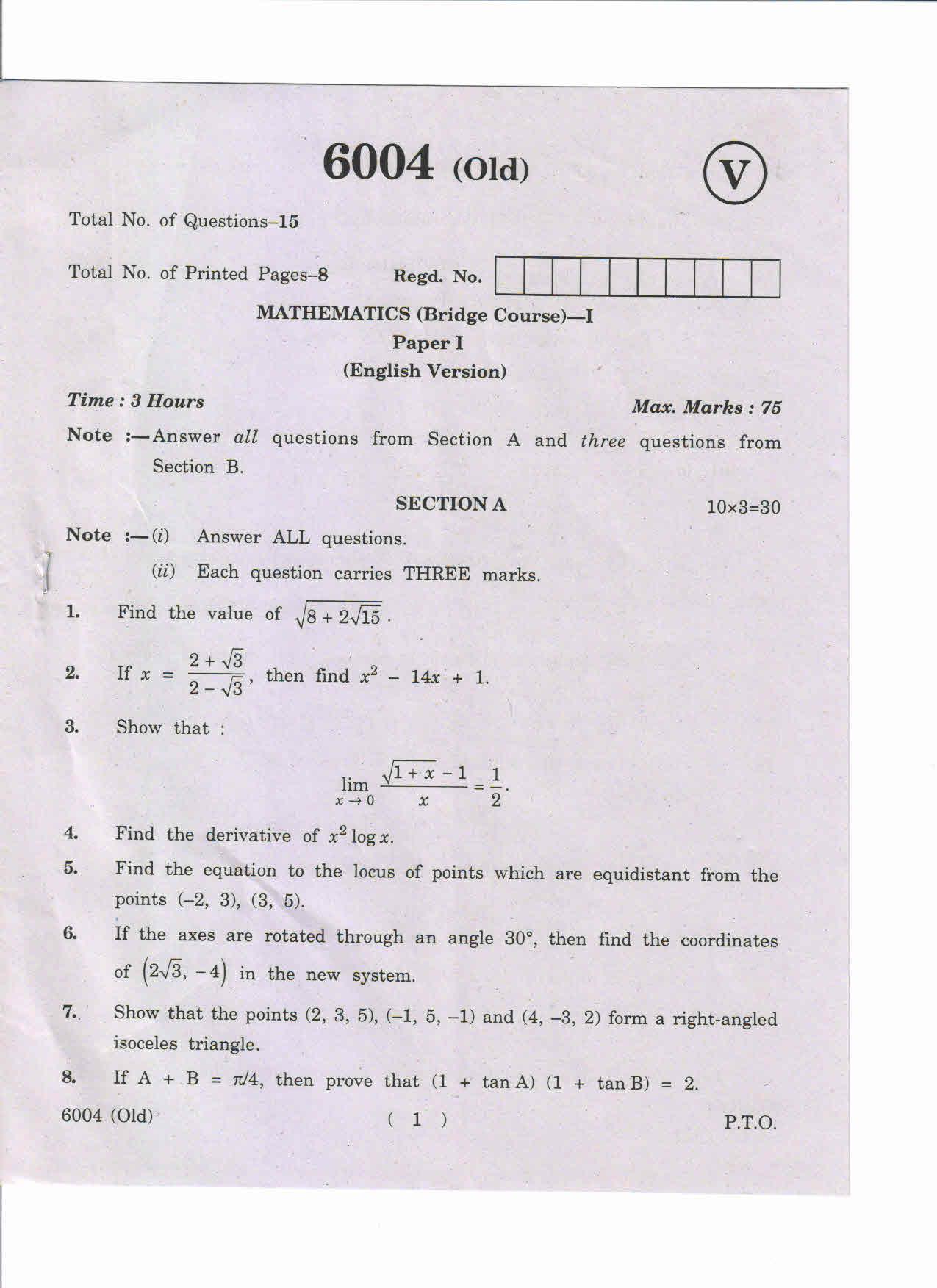 AP Inter 1st Year Mathematics (Bridge Course)-I (Old) March-2019-Vocational Question Paper - Page 1