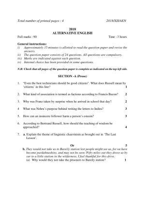 Nagaland Board Class 12 ALTERNATIVE ENGLISH 2018 Question Papers