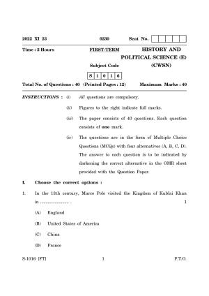 Goa Board Class 10 History & Political Science (E) (November 2022) Question Paper