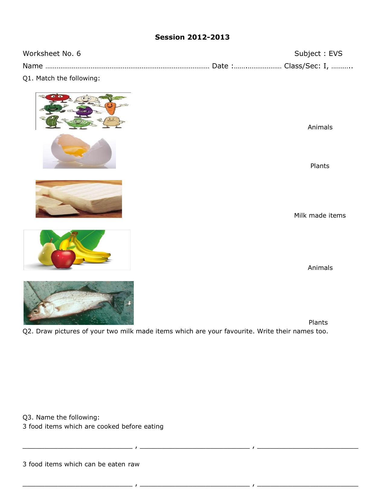 Worksheet for Class 1 EVS Assignment 7 - Page 1