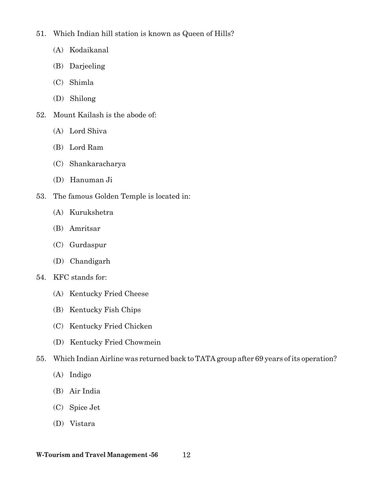 Odisha CPET 2022 TOURISM AND TRAVEL MANAGEMENT Question Paper - Page 12
