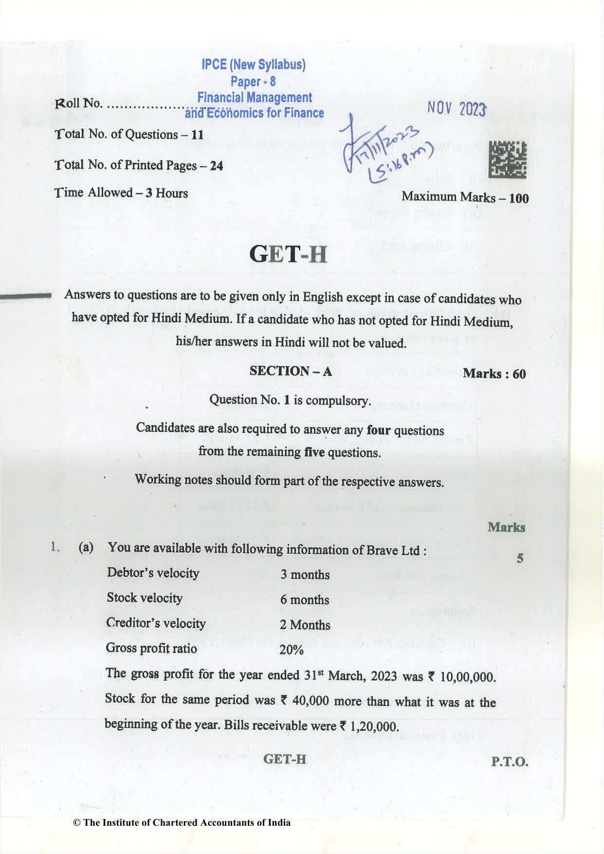 CA Inter Nov 2023 Question Paper - Paper 8 – Financial Management & Economics for Finance - Page 1
