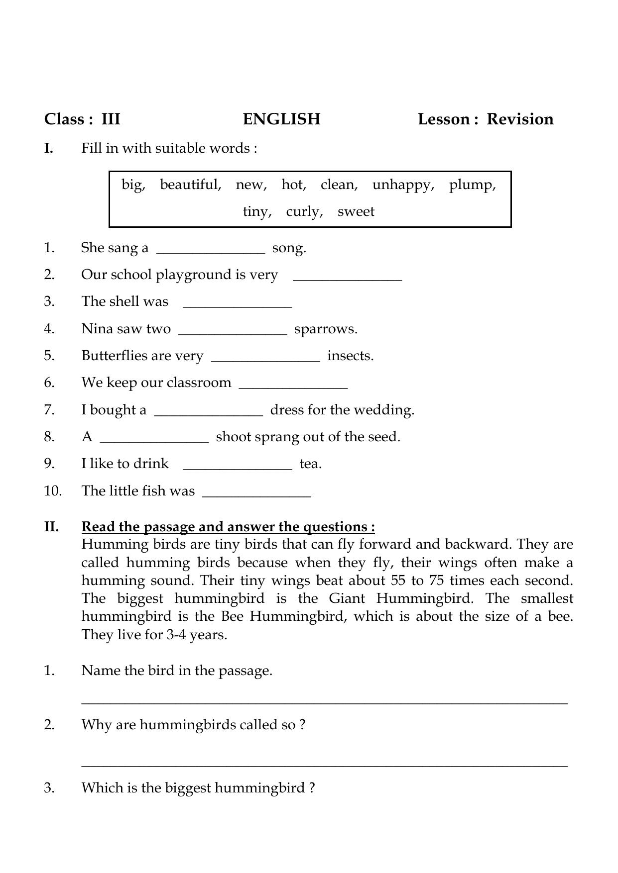 Worksheet for Class 3 English Revision All Chapters Assignment - Page 1