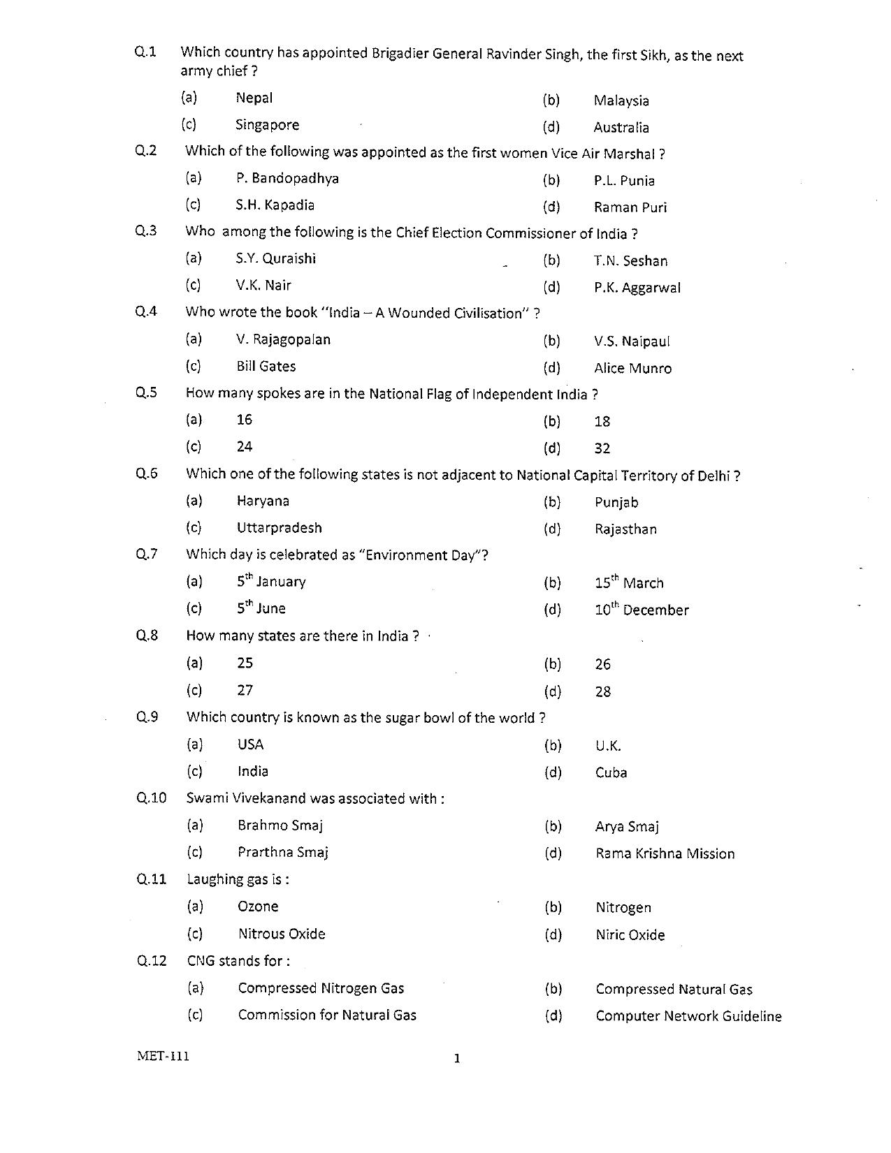 PU MET 2011 Question Booklet with Key - Page 1