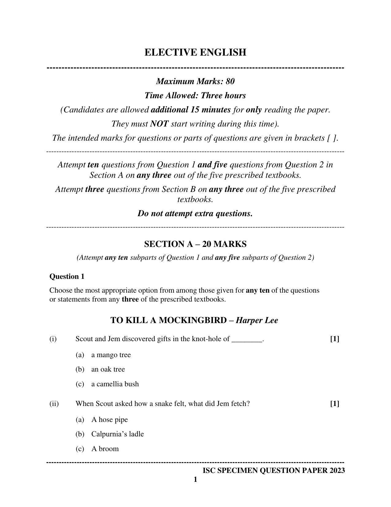 ISC Class 12 Elective English Sample Paper 2023 - Page 1