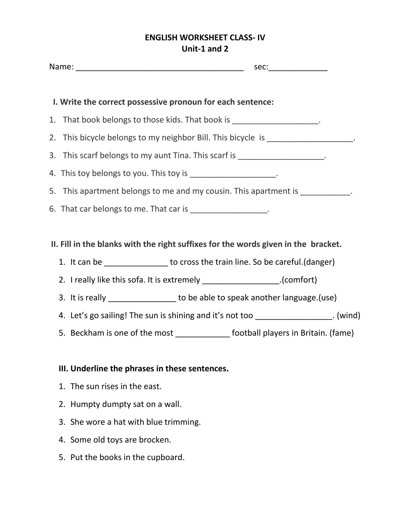 Worksheet for Class 4 English Assignment 64 Pronoun - Page 1