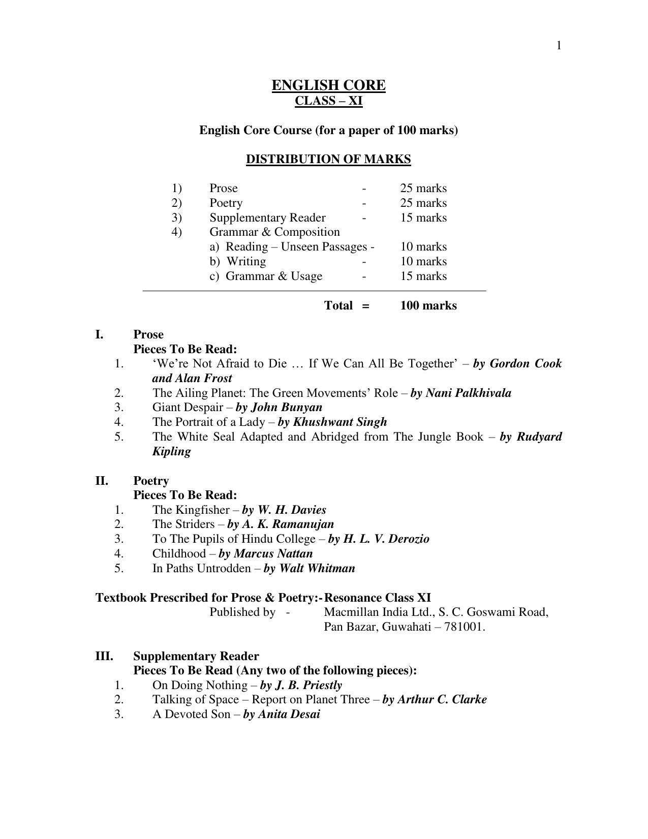 Meghalaya Board Class 11th Syllabus - Page 1