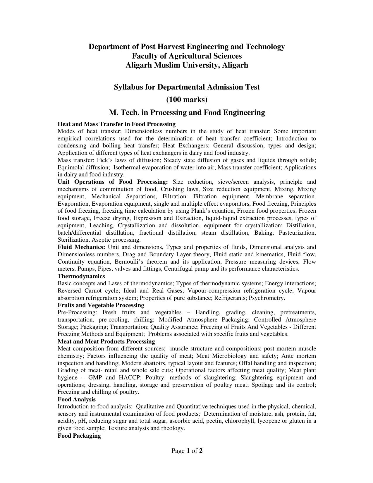 AMU Entrance Exam: M.Tech Processing & Food Engineering Syllabus - Page 1