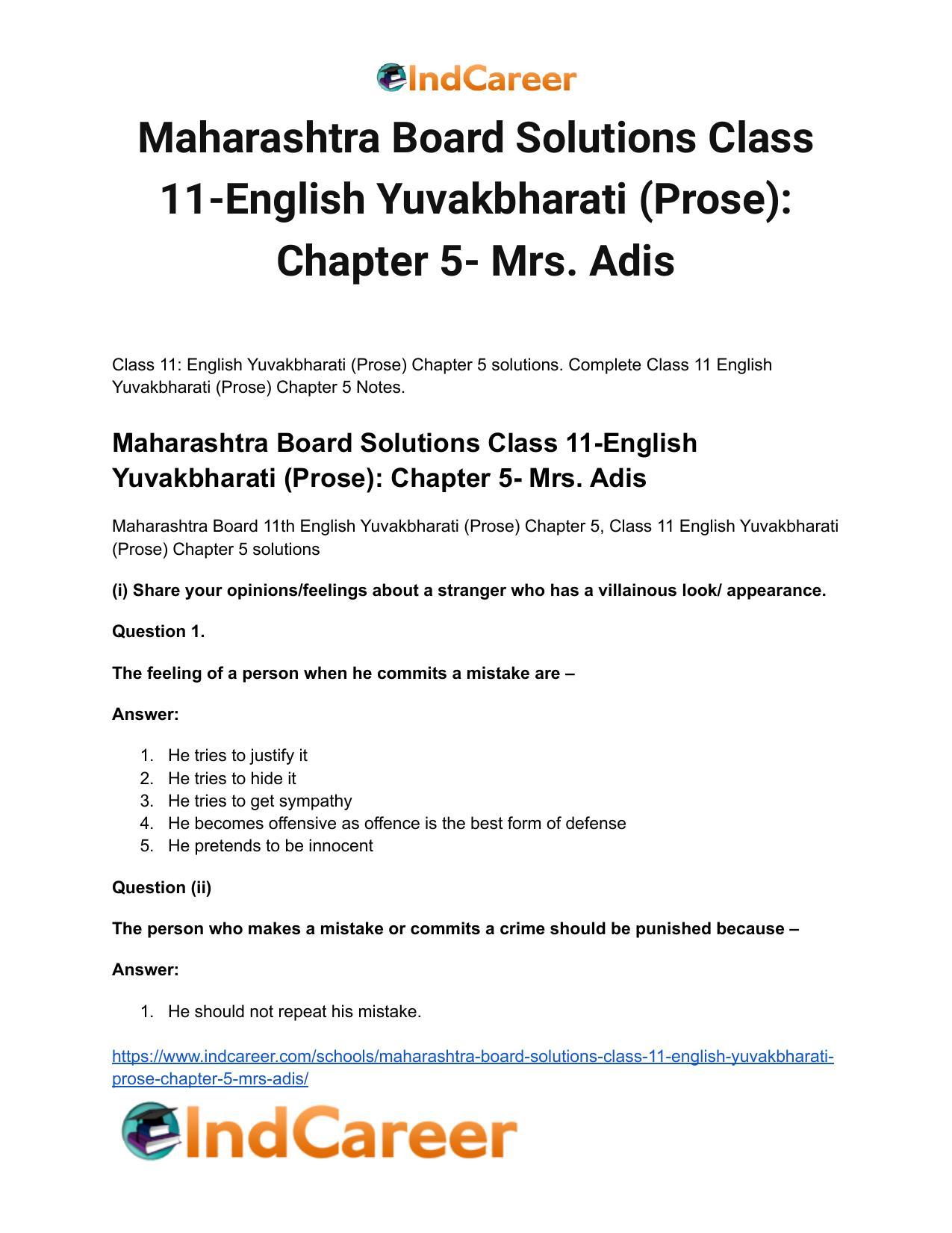 Maharashtra Board Solutions Class 11-English Yuvakbharati (Prose): Chapter 5- Mrs. Adis - Page 2