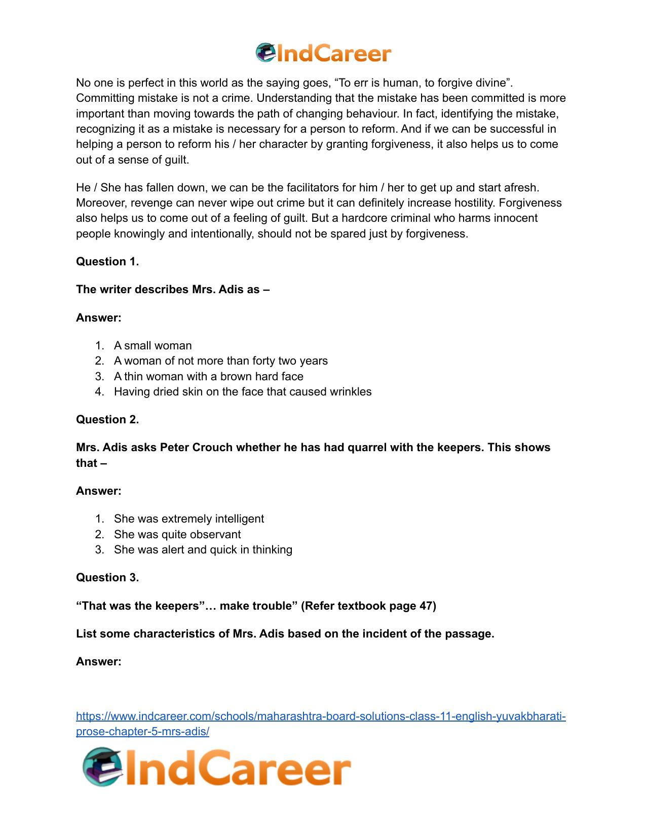 Maharashtra Board Solutions Class 11-English Yuvakbharati (Prose): Chapter 5- Mrs. Adis - Page 7