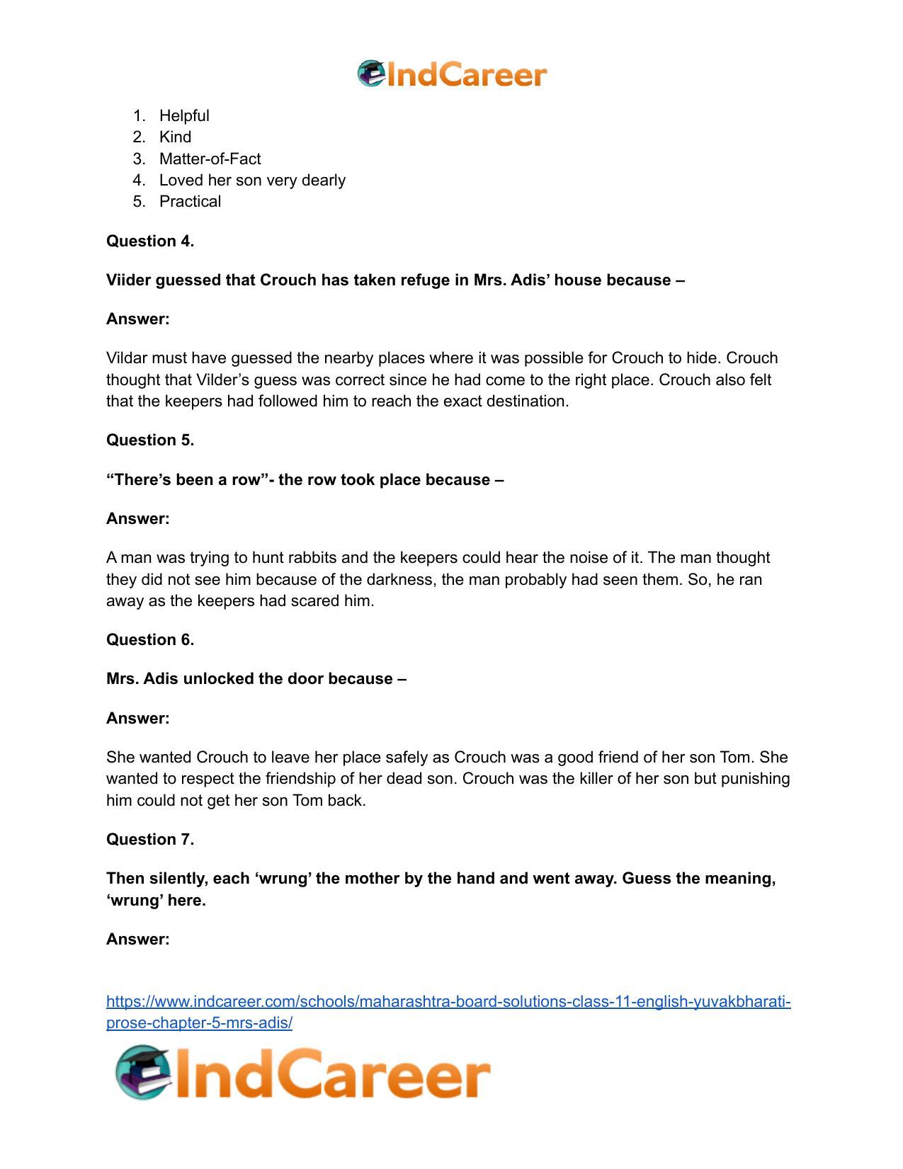 Maharashtra Board Solutions Class 11-English Yuvakbharati (Prose): Chapter 5- Mrs. Adis - Page 8