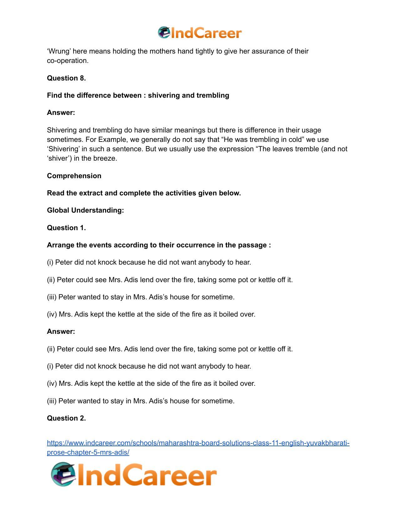 Maharashtra Board Solutions Class 11-English Yuvakbharati (Prose): Chapter 5- Mrs. Adis - Page 9