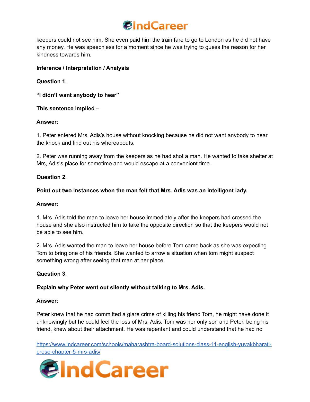 Maharashtra Board Solutions Class 11-English Yuvakbharati (Prose): Chapter 5- Mrs. Adis - Page 11