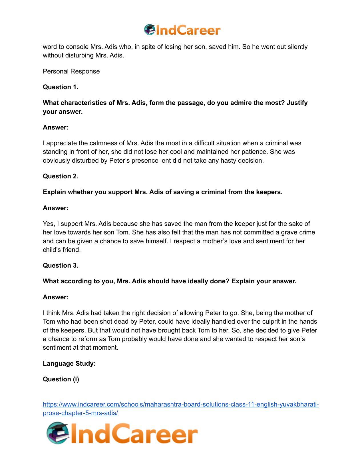 Maharashtra Board Solutions Class 11-English Yuvakbharati (Prose): Chapter 5- Mrs. Adis - Page 12