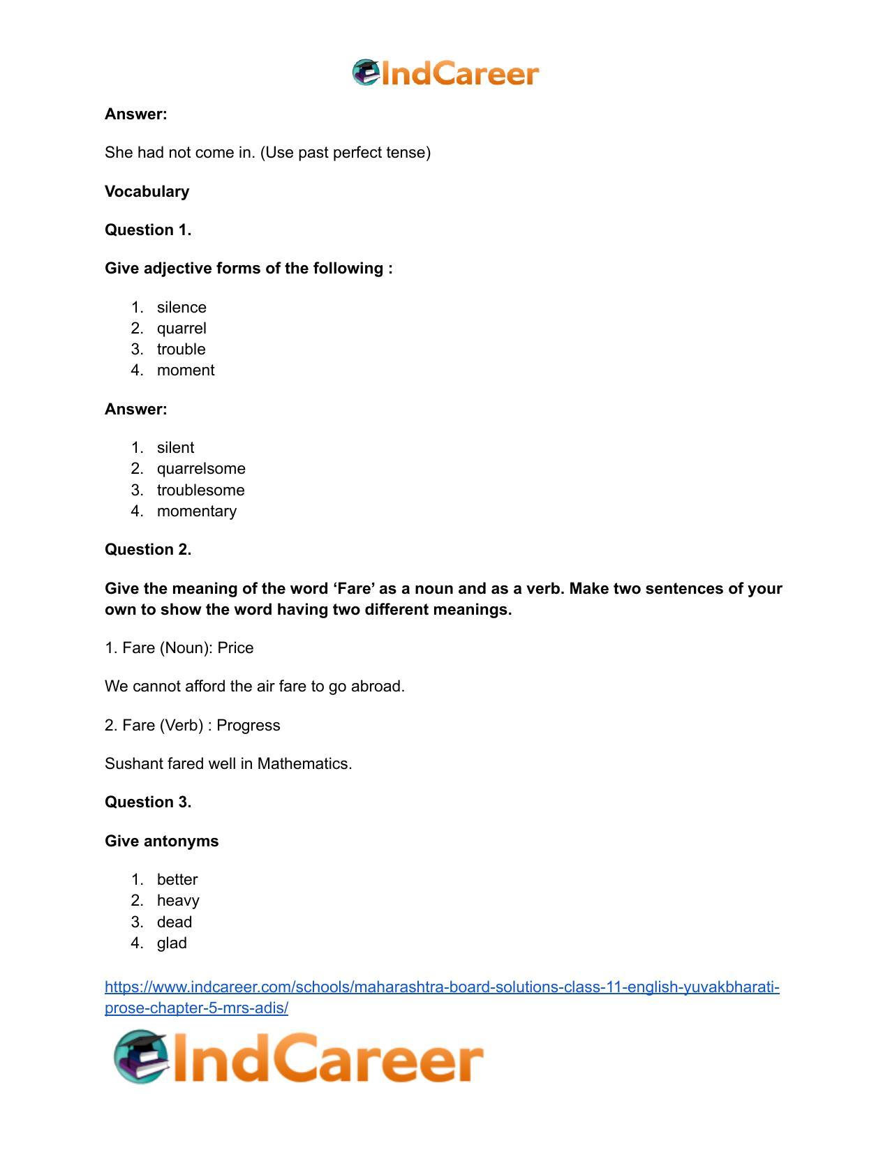 Maharashtra Board Solutions Class 11-English Yuvakbharati (Prose): Chapter 5- Mrs. Adis - Page 14