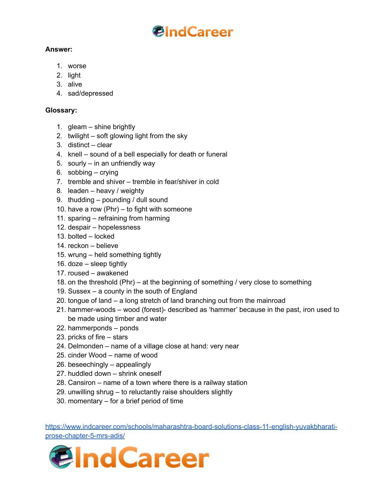Maharashtra Board Solutions Class 11-English Yuvakbharati (Prose): Chapter 5- Mrs. Adis - Page 15