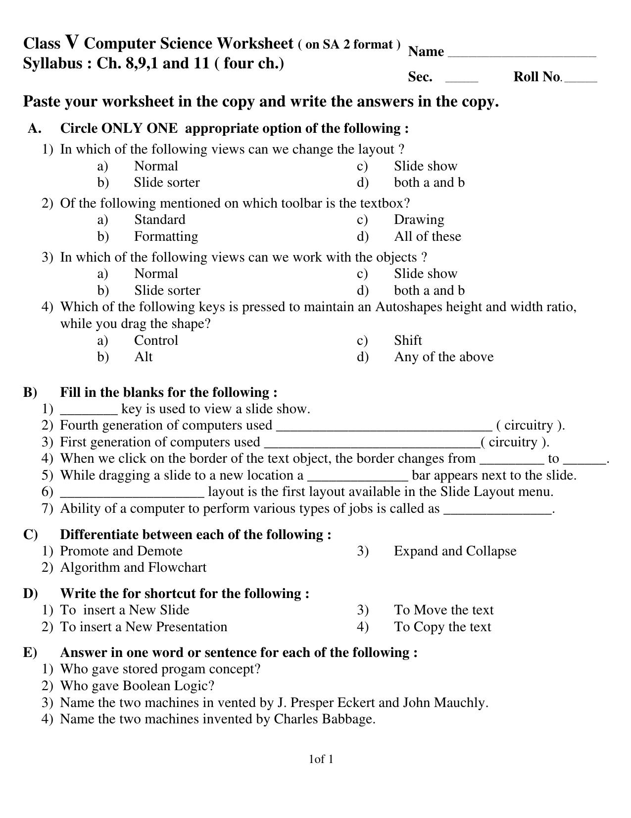 Worksheet for Class 5 Computer Science Assignment 1 - Page 1