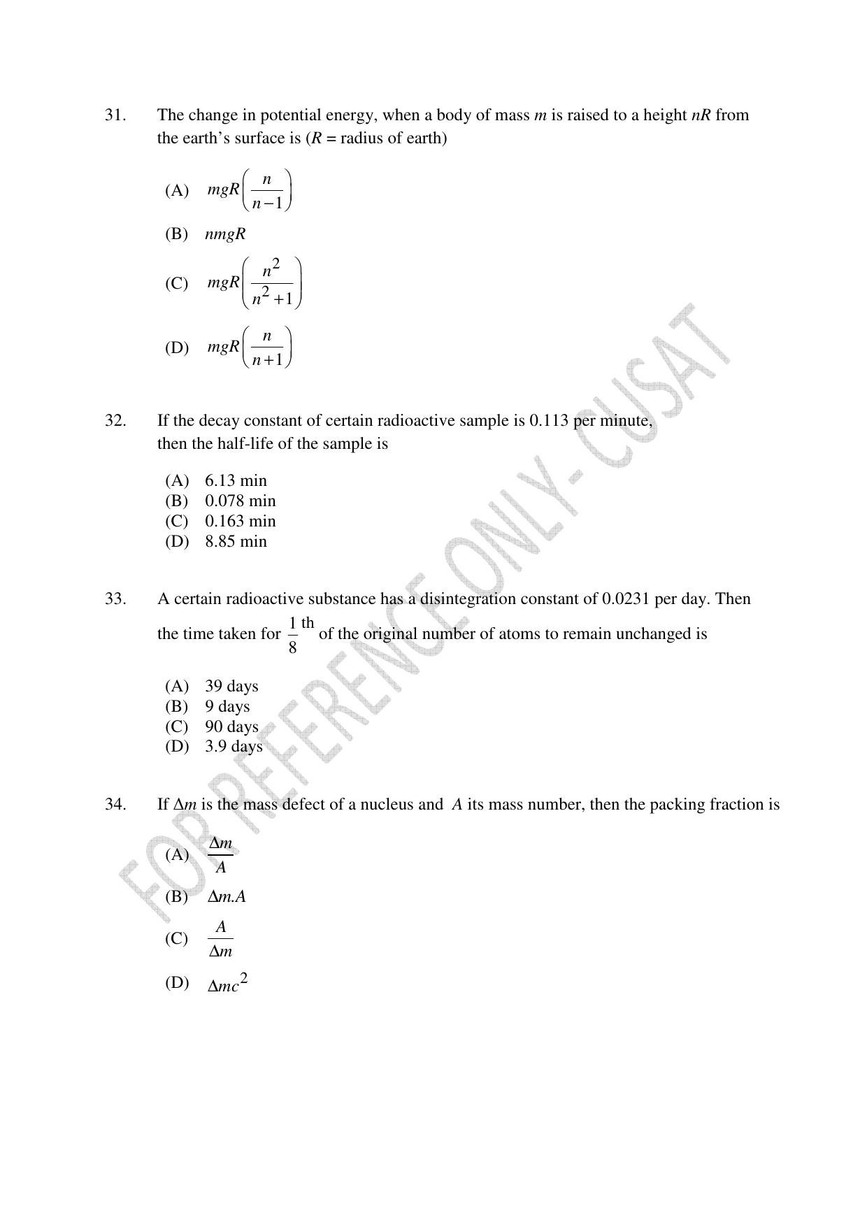 CUSAT CAT 2022 Test in Physics Chemistry and Mathematics Fourth Shift Question Paper - Page 8